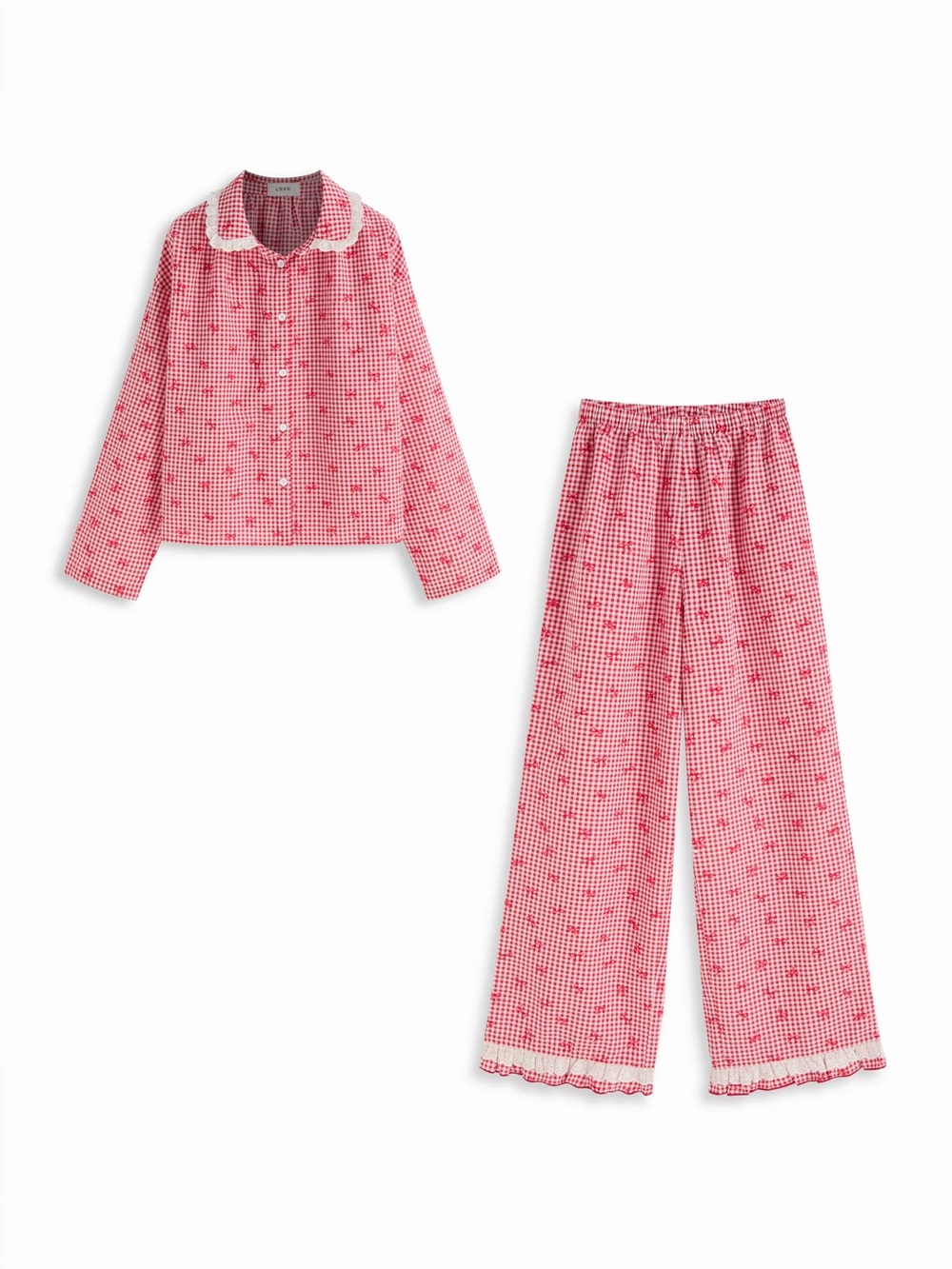 Cider Red Checked Women’s Pajama Set with Lace Trim